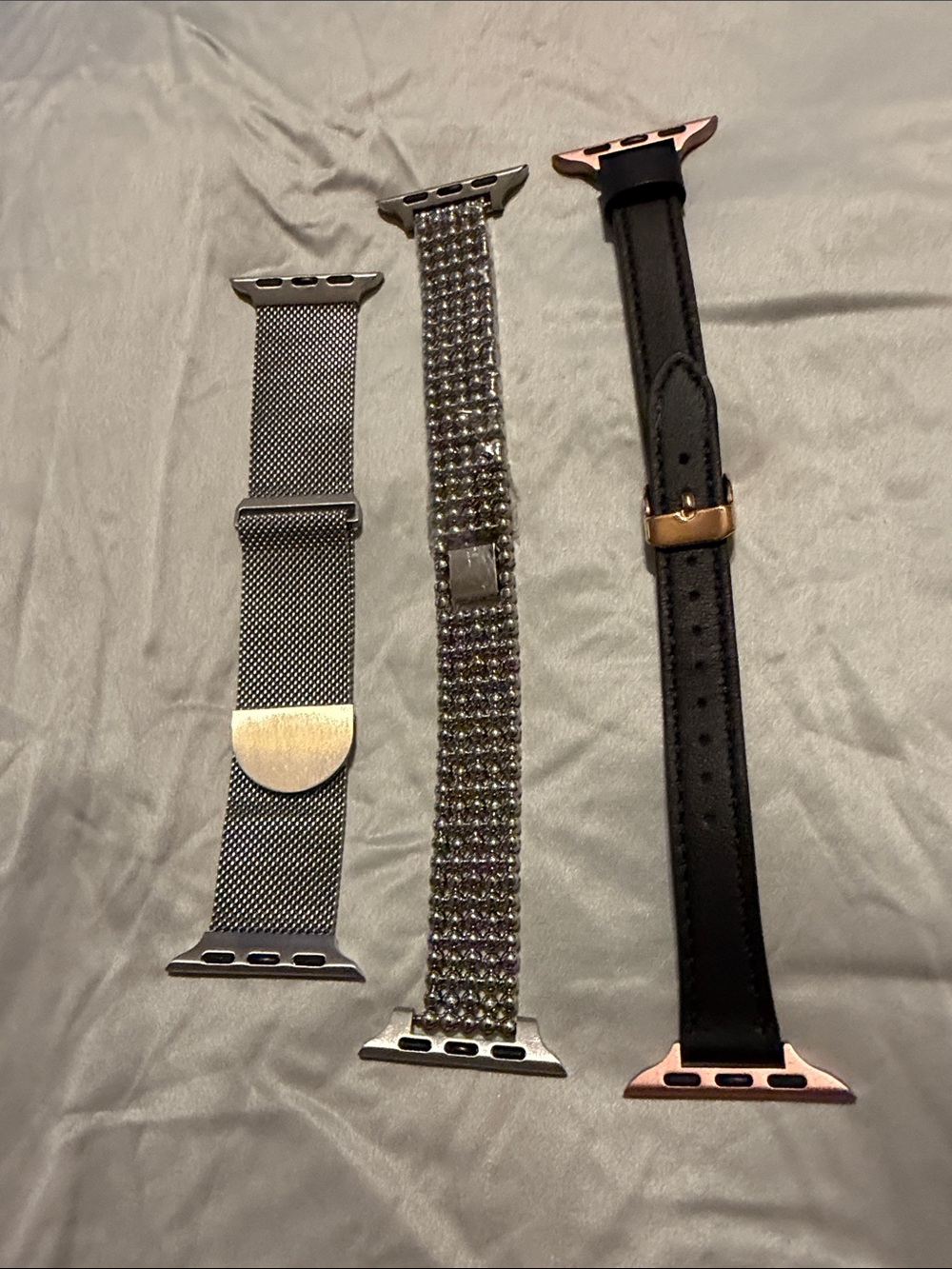 3-Pack Replacement Apple Watch Straps — Silver Mesh, Silver beade, Black Leather